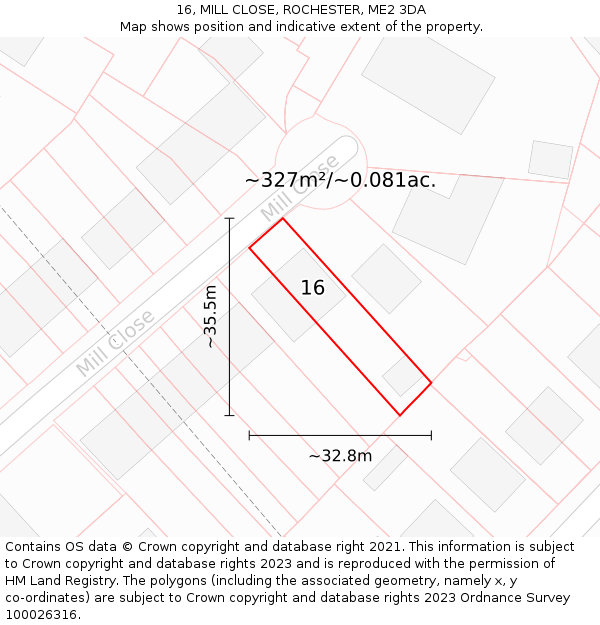 16, MILL CLOSE, ROCHESTER, ME2 3DA: Plot and title map