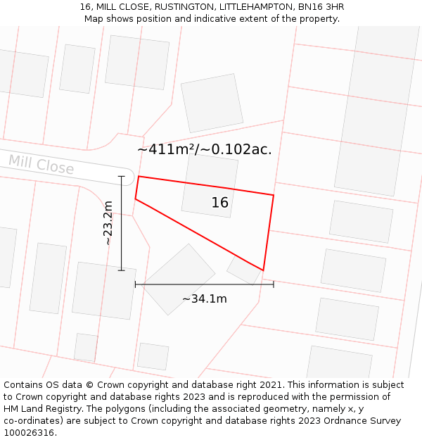 16, MILL CLOSE, RUSTINGTON, LITTLEHAMPTON, BN16 3HR: Plot and title map