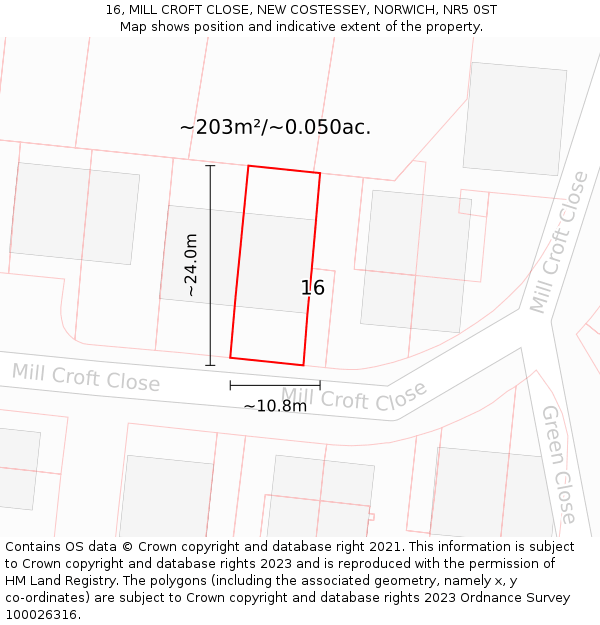 16, MILL CROFT CLOSE, NEW COSTESSEY, NORWICH, NR5 0ST: Plot and title map