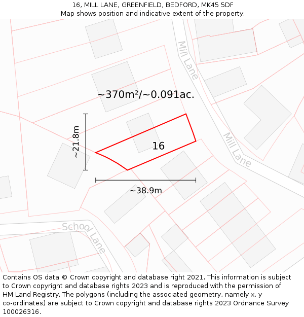 16, MILL LANE, GREENFIELD, BEDFORD, MK45 5DF: Plot and title map