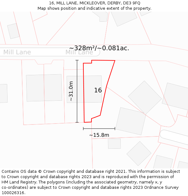 16, MILL LANE, MICKLEOVER, DERBY, DE3 9FQ: Plot and title map