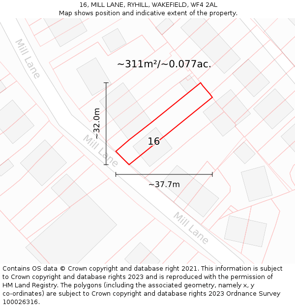 16, MILL LANE, RYHILL, WAKEFIELD, WF4 2AL: Plot and title map