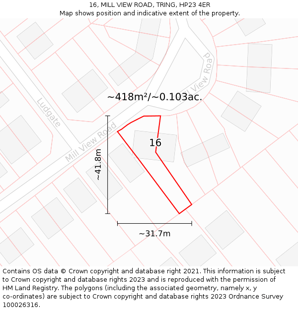 16, MILL VIEW ROAD, TRING, HP23 4ER: Plot and title map