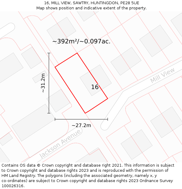 16, MILL VIEW, SAWTRY, HUNTINGDON, PE28 5UE: Plot and title map