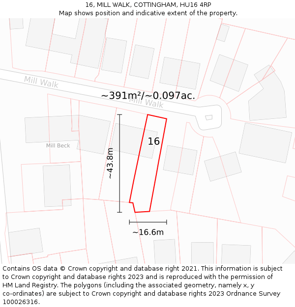 16, MILL WALK, COTTINGHAM, HU16 4RP: Plot and title map