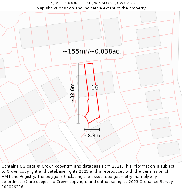 16, MILLBROOK CLOSE, WINSFORD, CW7 2UU: Plot and title map