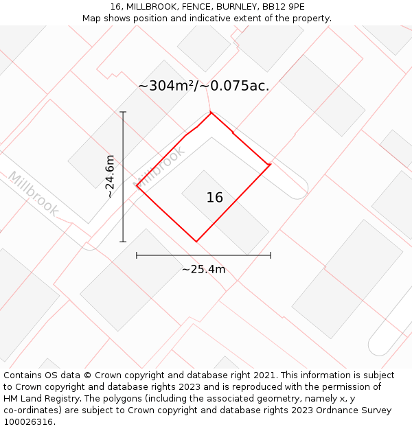 16, MILLBROOK, FENCE, BURNLEY, BB12 9PE: Plot and title map