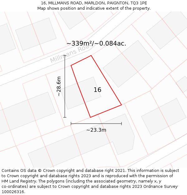 16, MILLMANS ROAD, MARLDON, PAIGNTON, TQ3 1PE: Plot and title map