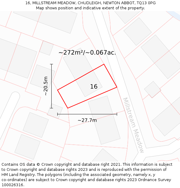 16, MILLSTREAM MEADOW, CHUDLEIGH, NEWTON ABBOT, TQ13 0PG: Plot and title map