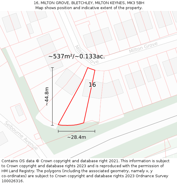 16, MILTON GROVE, BLETCHLEY, MILTON KEYNES, MK3 5BH: Plot and title map