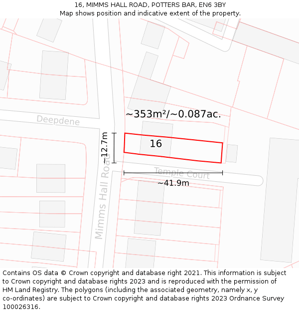 16, MIMMS HALL ROAD, POTTERS BAR, EN6 3BY: Plot and title map