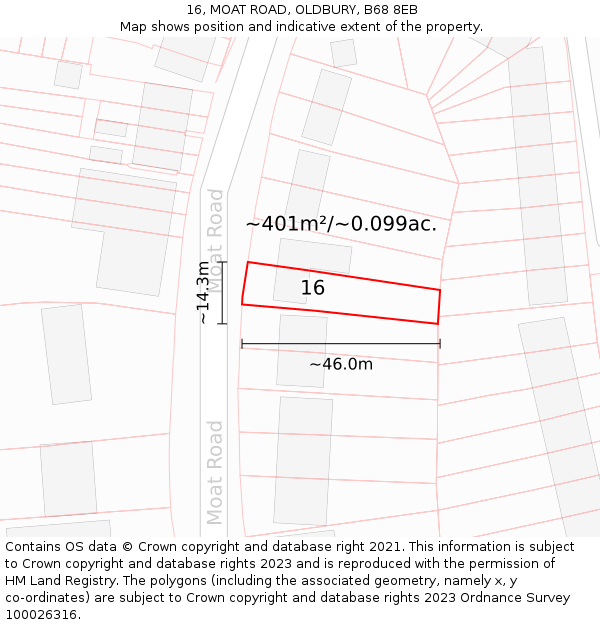 16, MOAT ROAD, OLDBURY, B68 8EB: Plot and title map