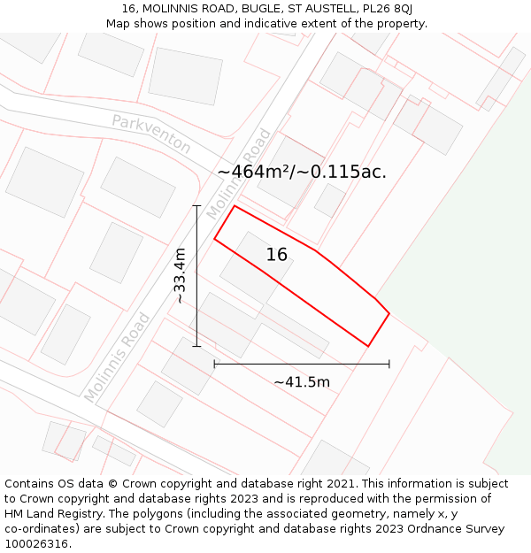 16, MOLINNIS ROAD, BUGLE, ST AUSTELL, PL26 8QJ: Plot and title map