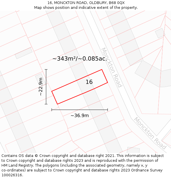 16, MONCKTON ROAD, OLDBURY, B68 0QX: Plot and title map