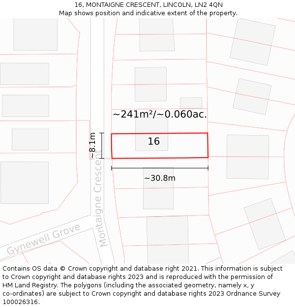 16, MONTAIGNE CRESCENT, LINCOLN, LN2 4QN: Plot and title map