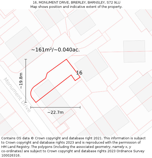 16, MONUMENT DRIVE, BRIERLEY, BARNSLEY, S72 9LU: Plot and title map