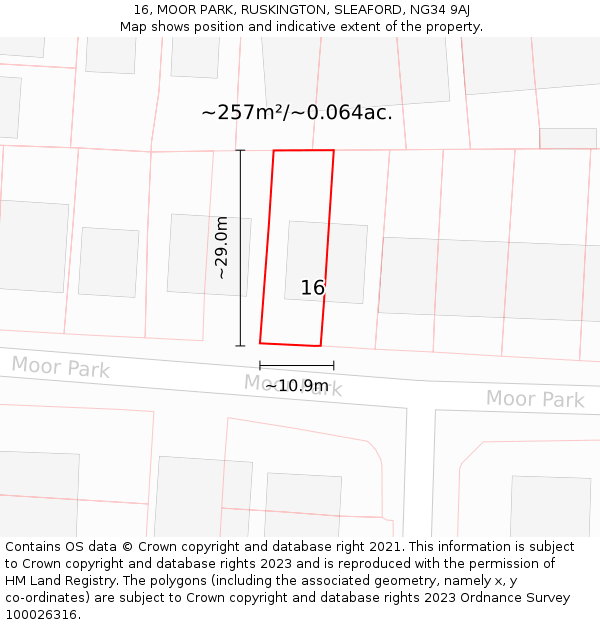 16, MOOR PARK, RUSKINGTON, SLEAFORD, NG34 9AJ: Plot and title map