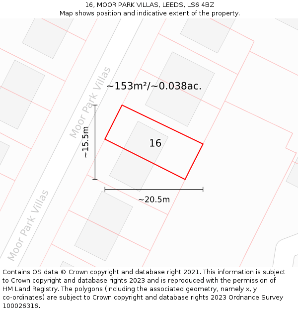 16, MOOR PARK VILLAS, LEEDS, LS6 4BZ: Plot and title map