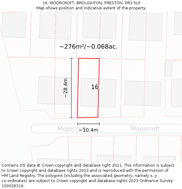 16, MOORCROFT, BROUGHTON, PRESTON, PR3 5LP: Plot and title map