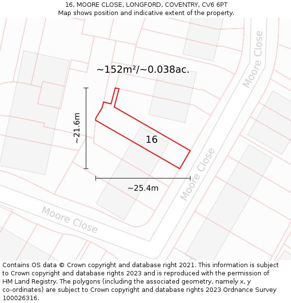 16, MOORE CLOSE, LONGFORD, COVENTRY, CV6 6PT: Plot and title map