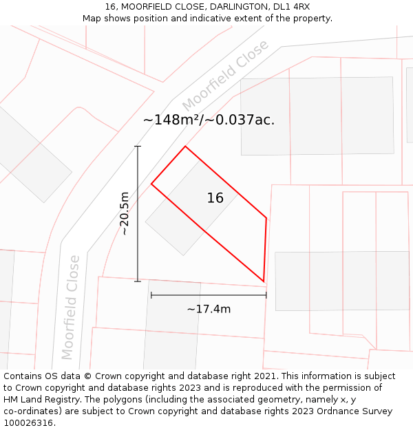 16, MOORFIELD CLOSE, DARLINGTON, DL1 4RX: Plot and title map