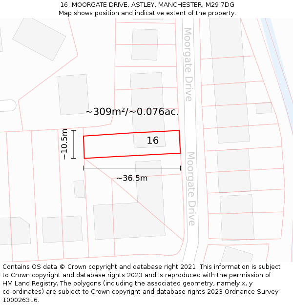 16, MOORGATE DRIVE, ASTLEY, MANCHESTER, M29 7DG: Plot and title map