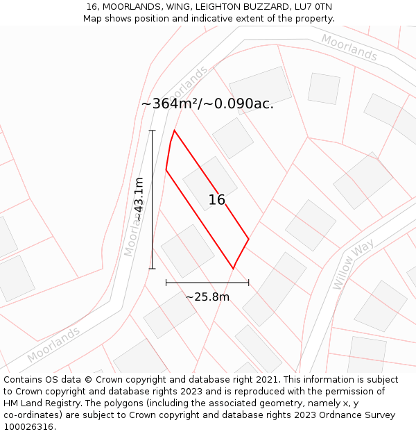 16, MOORLANDS, WING, LEIGHTON BUZZARD, LU7 0TN: Plot and title map