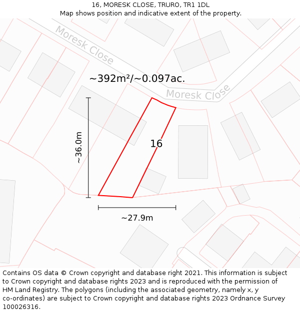 16, MORESK CLOSE, TRURO, TR1 1DL: Plot and title map