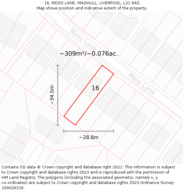 16, MOSS LANE, MAGHULL, LIVERPOOL, L31 9AG: Plot and title map