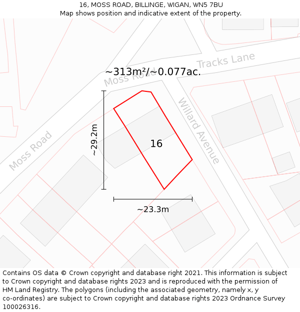 16, MOSS ROAD, BILLINGE, WIGAN, WN5 7BU: Plot and title map
