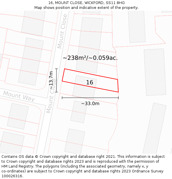 16, MOUNT CLOSE, WICKFORD, SS11 8HG: Plot and title map