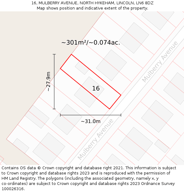 16, MULBERRY AVENUE, NORTH HYKEHAM, LINCOLN, LN6 8DZ: Plot and title map