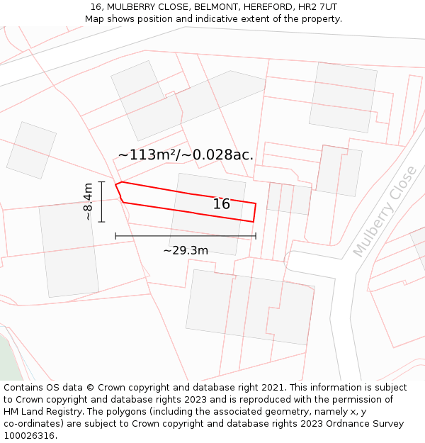 16, MULBERRY CLOSE, BELMONT, HEREFORD, HR2 7UT: Plot and title map