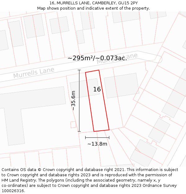 16, MURRELLS LANE, CAMBERLEY, GU15 2PY: Plot and title map