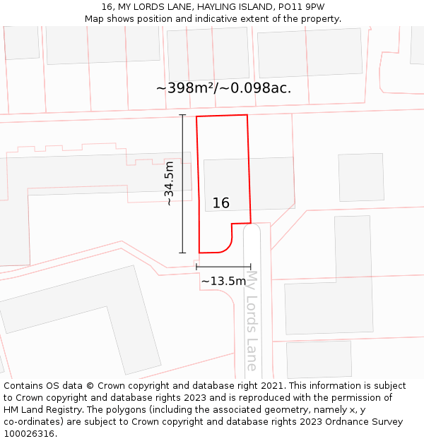 16, MY LORDS LANE, HAYLING ISLAND, PO11 9PW: Plot and title map