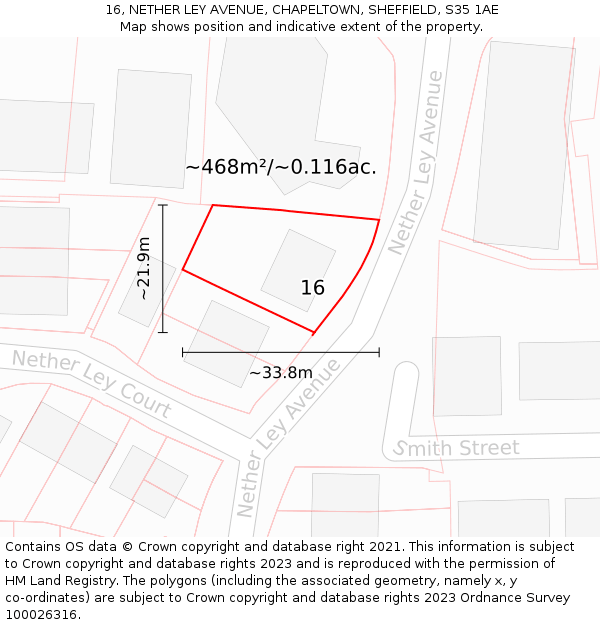 16, NETHER LEY AVENUE, CHAPELTOWN, SHEFFIELD, S35 1AE: Plot and title map