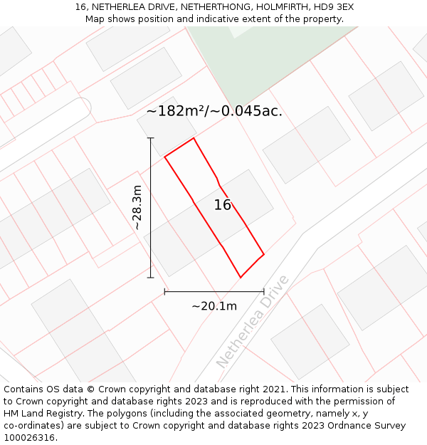 16, NETHERLEA DRIVE, NETHERTHONG, HOLMFIRTH, HD9 3EX: Plot and title map