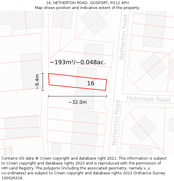 16, NETHERTON ROAD, GOSPORT, PO12 4PH: Plot and title map