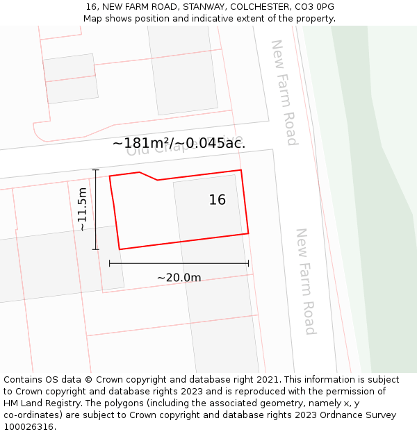 16, NEW FARM ROAD, STANWAY, COLCHESTER, CO3 0PG: Plot and title map