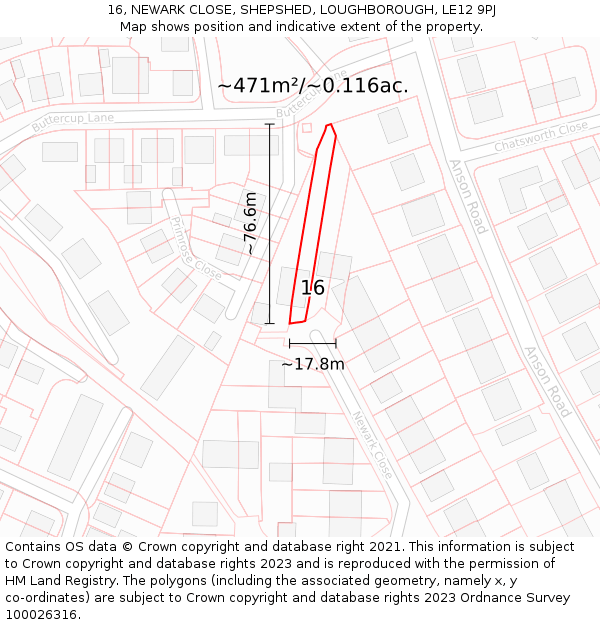 16, NEWARK CLOSE, SHEPSHED, LOUGHBOROUGH, LE12 9PJ: Plot and title map