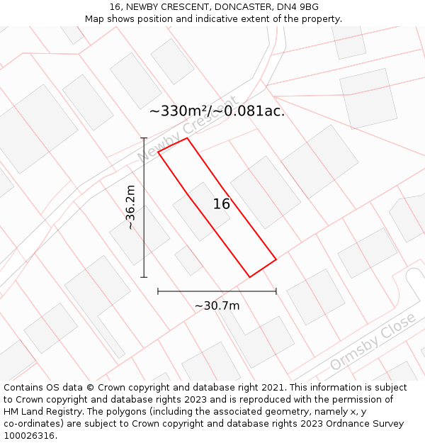 16, NEWBY CRESCENT, DONCASTER, DN4 9BG: Plot and title map