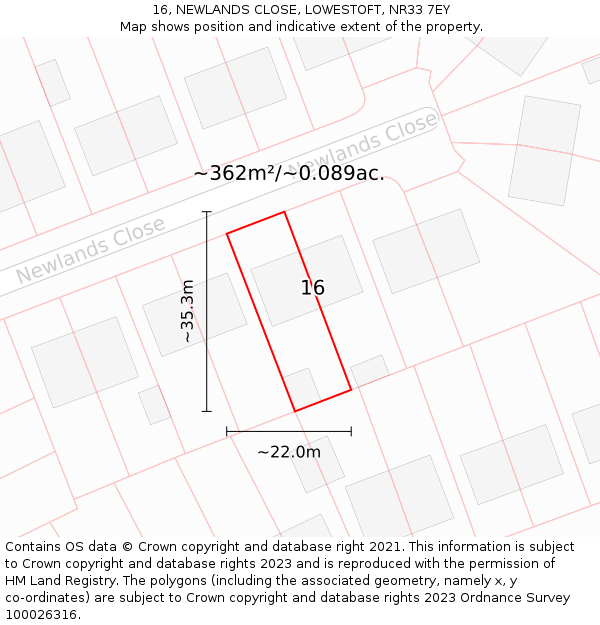 16, NEWLANDS CLOSE, LOWESTOFT, NR33 7EY: Plot and title map