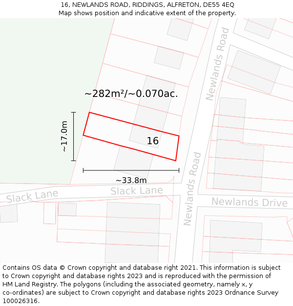 16, NEWLANDS ROAD, RIDDINGS, ALFRETON, DE55 4EQ: Plot and title map