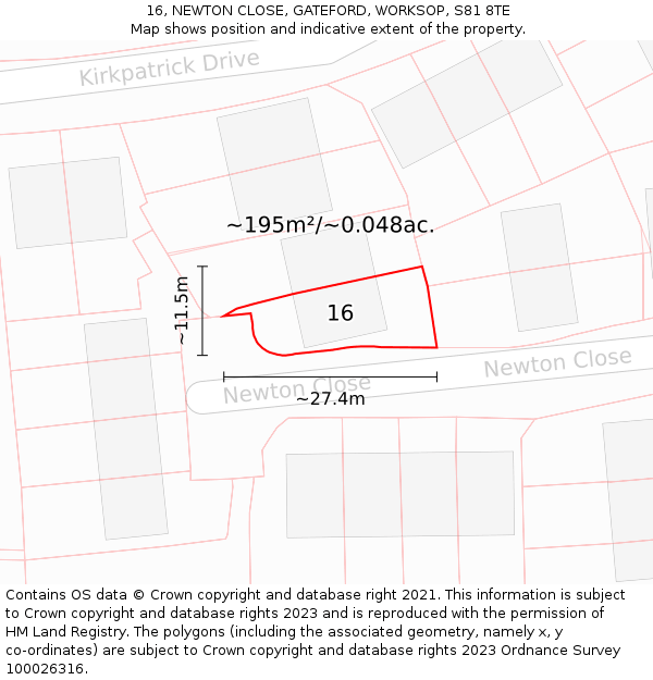 16, NEWTON CLOSE, GATEFORD, WORKSOP, S81 8TE: Plot and title map