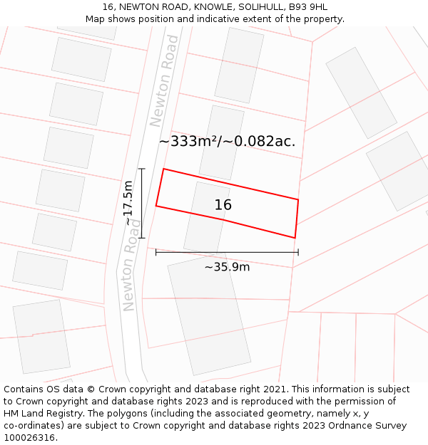 16, NEWTON ROAD, KNOWLE, SOLIHULL, B93 9HL: Plot and title map