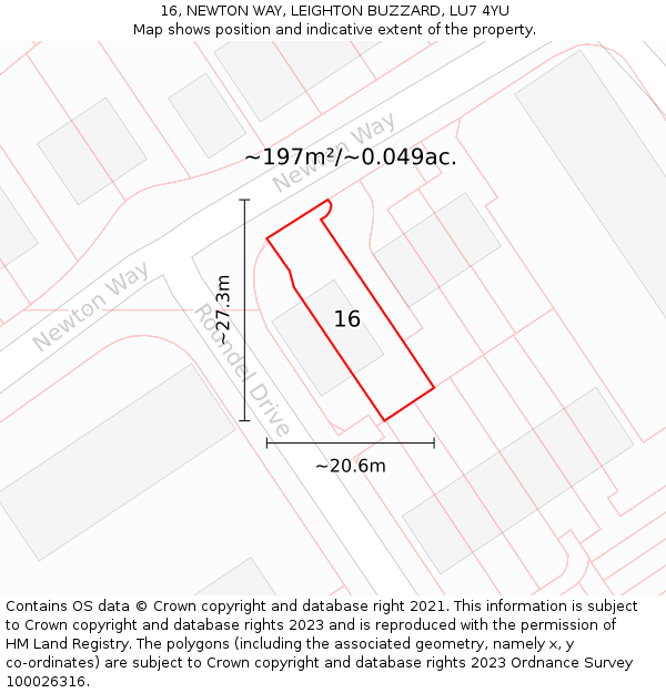 16, NEWTON WAY, LEIGHTON BUZZARD, LU7 4YU: Plot and title map