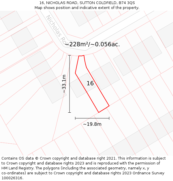 16, NICHOLAS ROAD, SUTTON COLDFIELD, B74 3QS: Plot and title map
