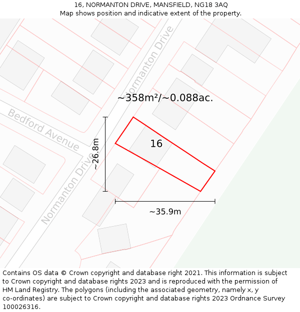 16, NORMANTON DRIVE, MANSFIELD, NG18 3AQ: Plot and title map