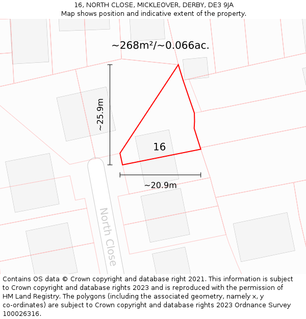 16, NORTH CLOSE, MICKLEOVER, DERBY, DE3 9JA: Plot and title map