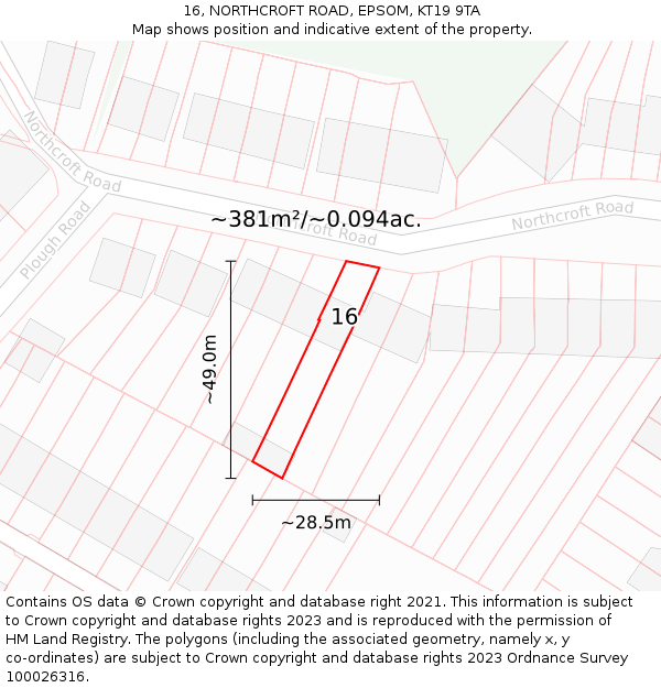16, NORTHCROFT ROAD, EPSOM, KT19 9TA: Plot and title map